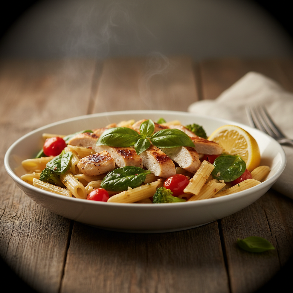 A balanced pasta bowl with grilled chicken, spinach, cherry tomatoes, and broccoli in a white ceramic bowl