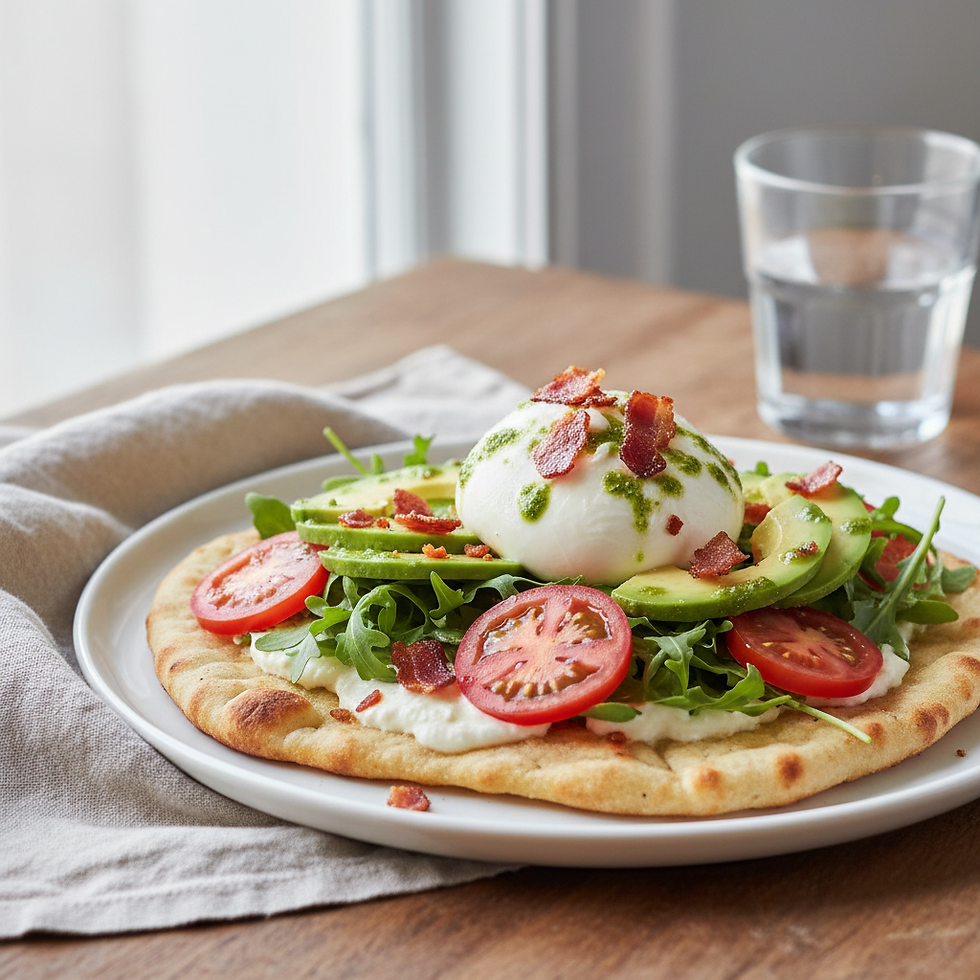 Open-faced burrata chicken naan with fresh toppings