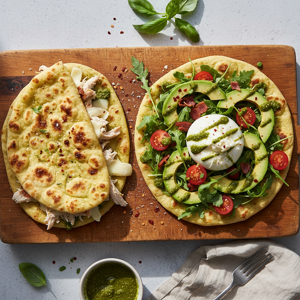 Two pesto burrata chicken naan dishes side by side - one melted and folded, one open-faced