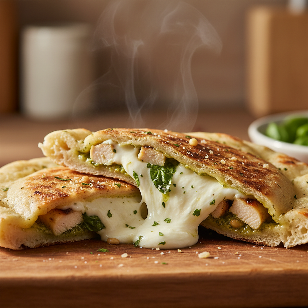 Pesto Burrata Chicken Naan Melt folded in half with melted cheese