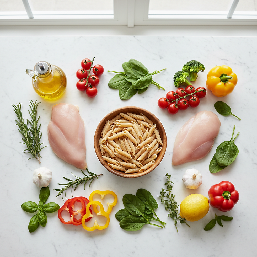 Fresh ingredients for a healthy pasta bowl laid out on a white marble surface