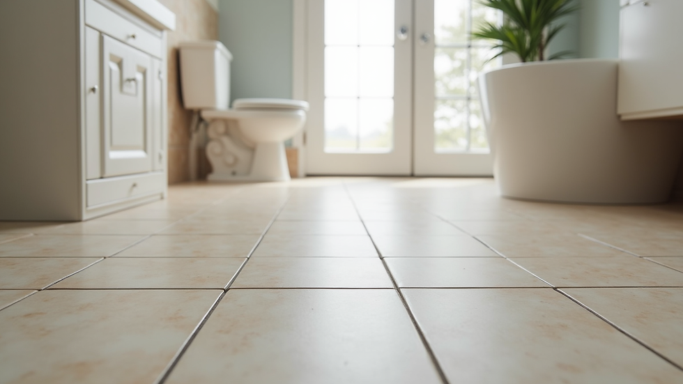 Eye-level view of a newly tiled bathroom floor with neutral-colored tiles