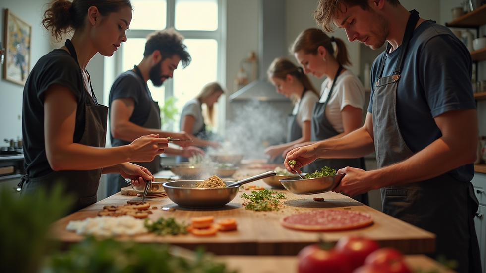 Eye-level view of a group of people engaged in a cooking workshop