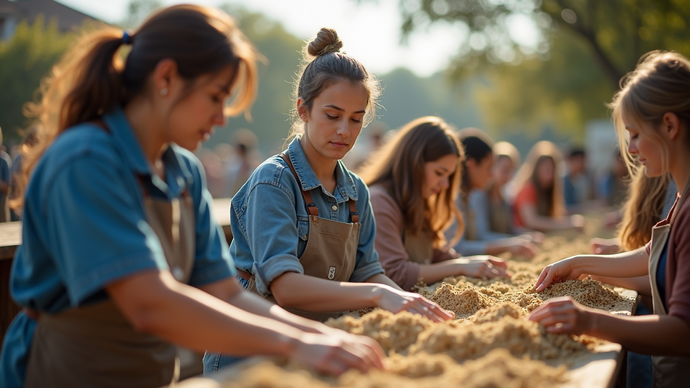 Eye-level view of a group of volunteers working together at a community event