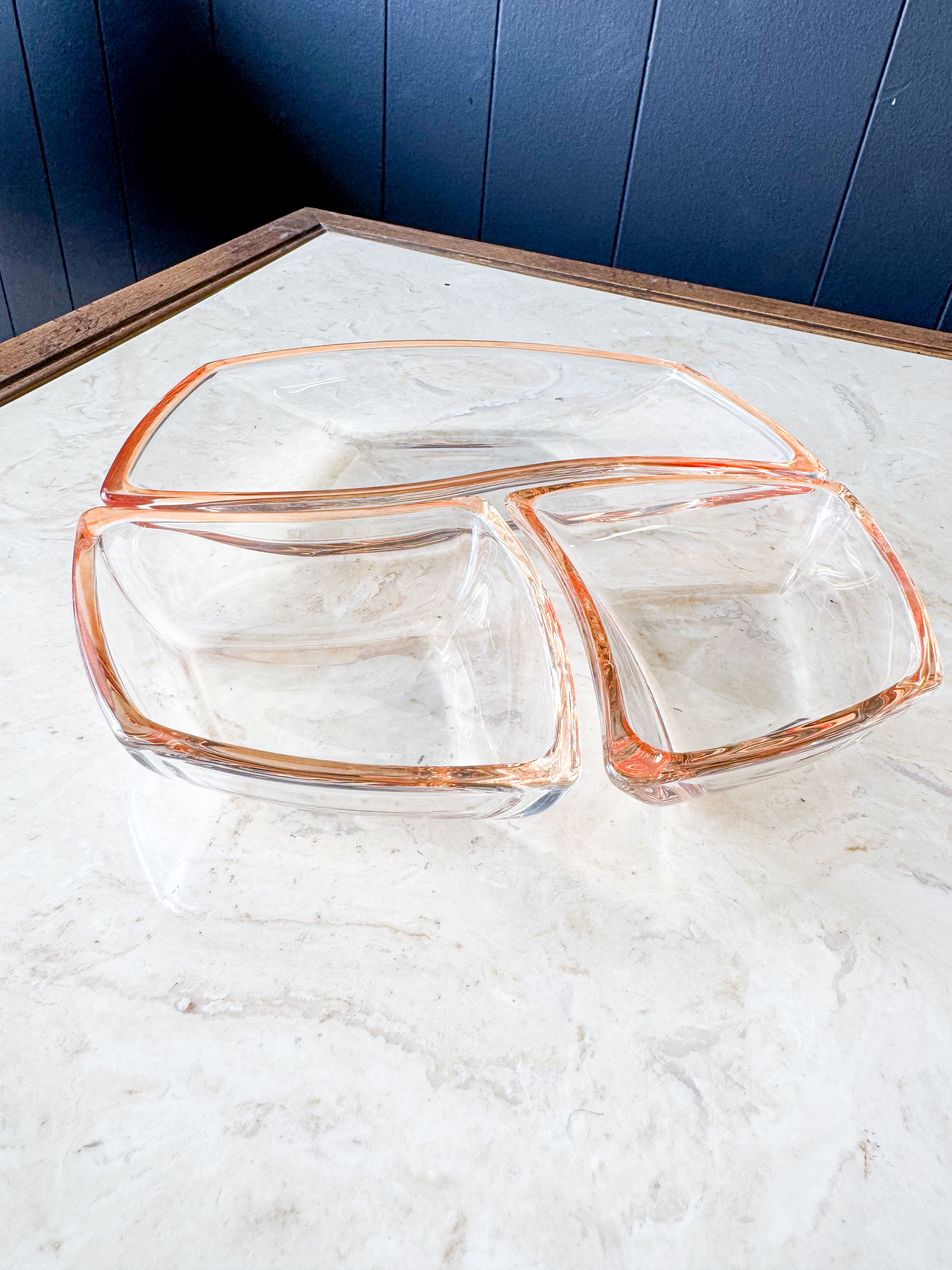 Luigi Bormioli three piece peach colored serving set