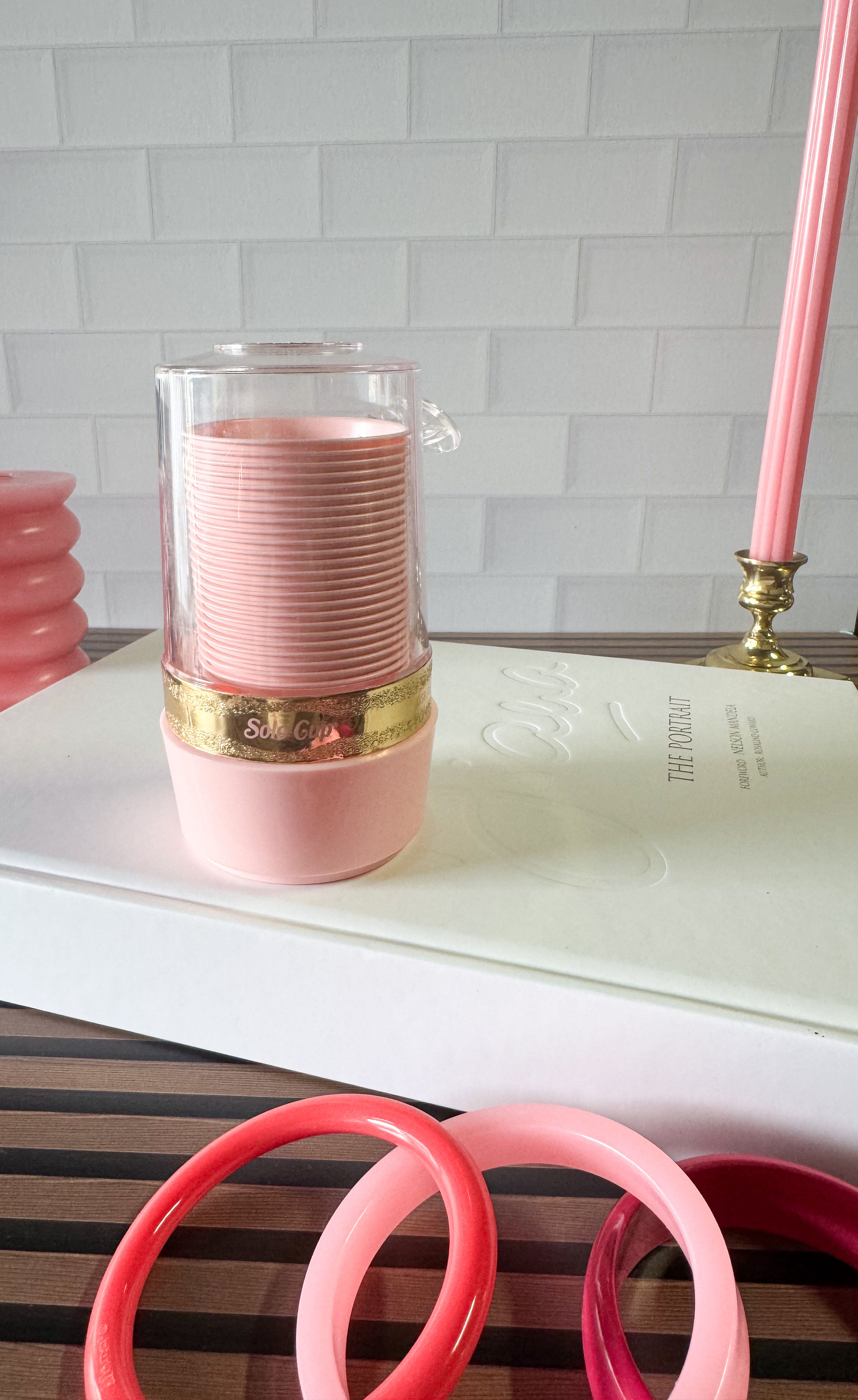 Vintage pink solo cup dispenser