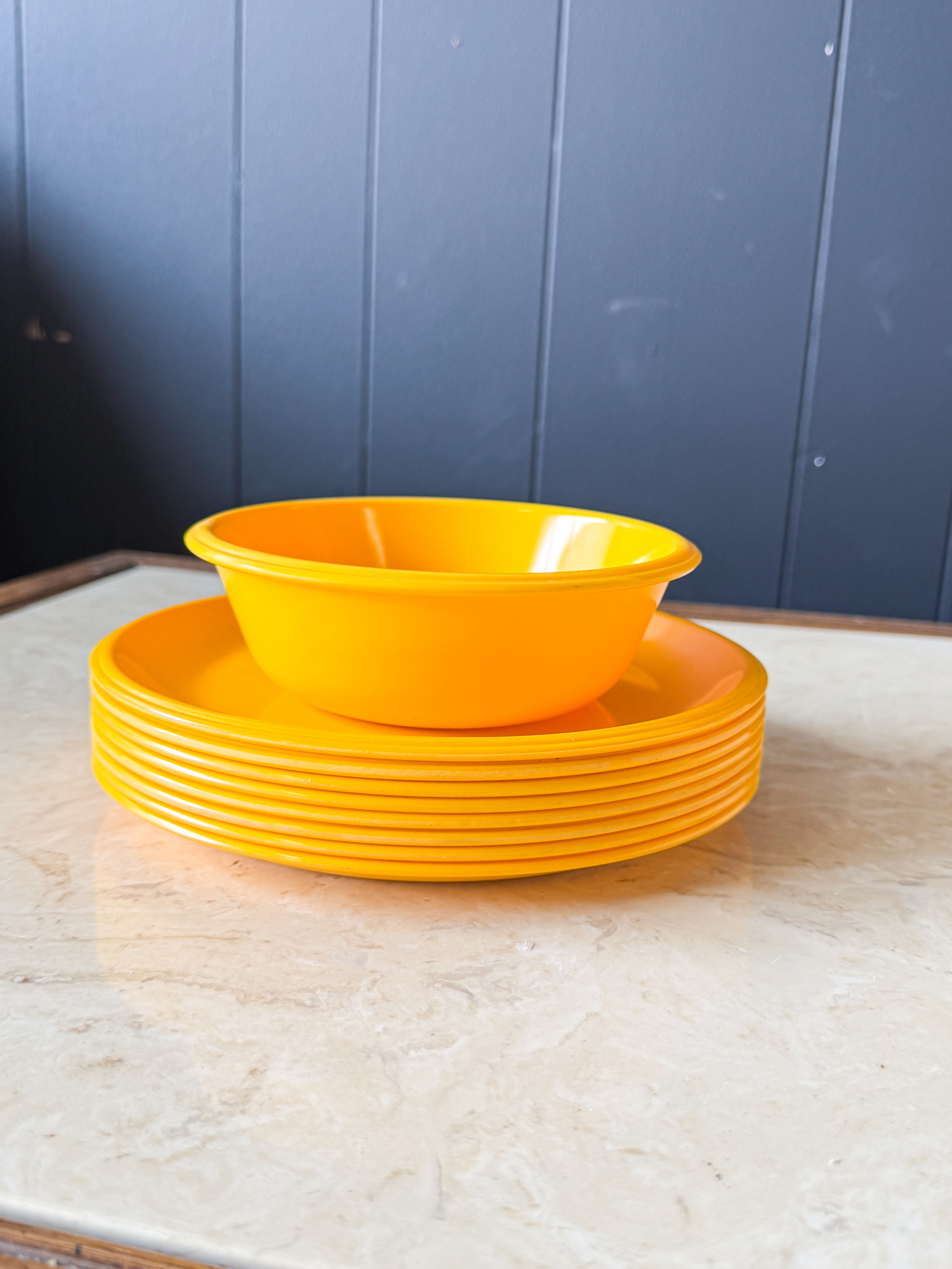 Set of eight Rubbermaid plates and one bowl