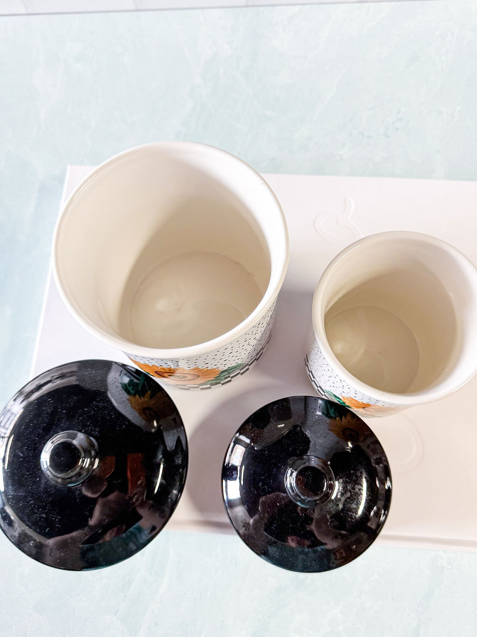 Thumbnail: Pair of Tabletops Unlimited sunflower canisters