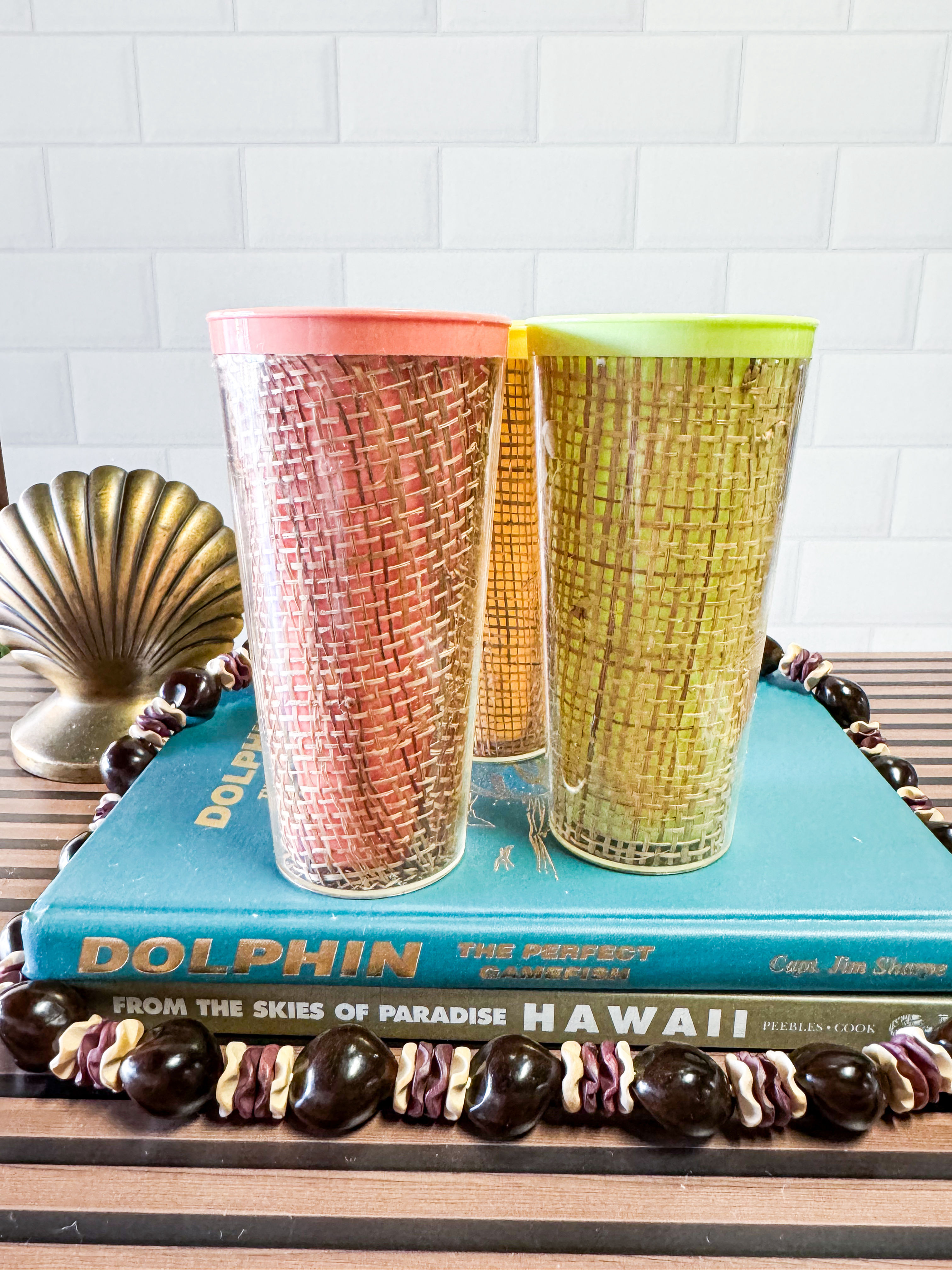 Set of three colorful Raffiaware tumblers