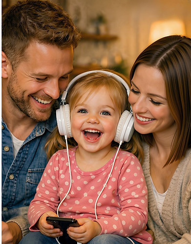 Ein kleines Kind sitzt zwischen Mama und Papa und hört mit Kopfhörern am Handy die Botschaft ab. Alle 3 strahlen im Gesicht und lachen.