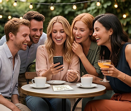 Zwei junge Burschen und 3 junge Mädchen sitzen an einem Bistrotisch, lachen und hören sich gemeinsam über ein Handy die Audiobotschaft an. Sie freuen sich sehr darüber.