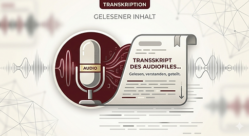 Eine moderne, grafische Illustration zum Thema Audio-Transkription in den Farben Dunkelrot, Cremeweiß und Grau. Links ist ein stilisiertes Mikrofon in einem kreisförmigen Rahmen zu sehen, aus dem Schallwellen hervorgehen. Diese Wellen verwandeln sich nach rechts hin in geschriebene Buchstaben, die in ein hängendes Dokument fließen. Das Dokument trägt die Aufschrift „Transkript des Audiofiles“. Der Hintergrund zeigt dezente, technische Netzwerkmuster und Audio-Frequenzbänder.