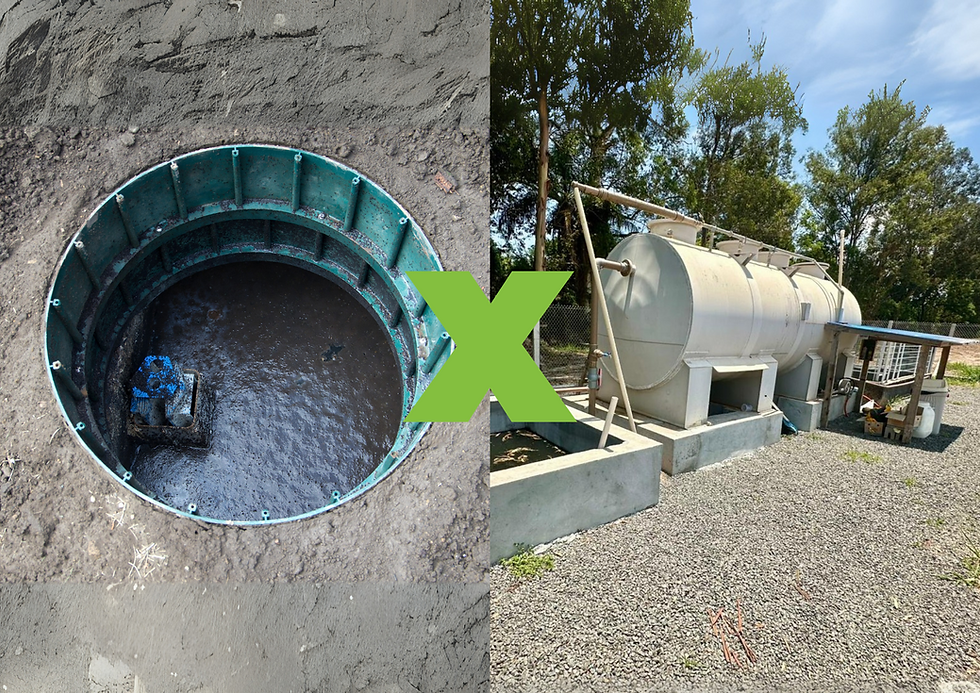 Comparação entre fossa séptica (à esquerda) e estação de tratamento de efluentes compacta – ETE compacta (à direita), destacando diferentes soluções para o tratamento de efluentes.