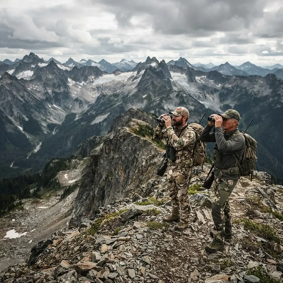 Outdoor photography, two people dressed in camouflage gear standing on a rocky mountain ridge looking through binoculars. The atmosphere is rugged and adventurous with a vast, dramatic mountain range in the distance.
