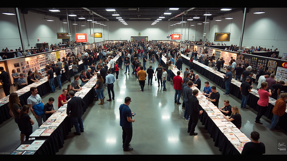 A high angle view of the bustling PokeKon Fest card show venue filled with vendors and attendees