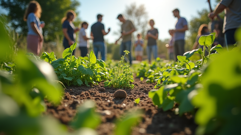 Eye-level view of a community garden with diverse plants and people working together