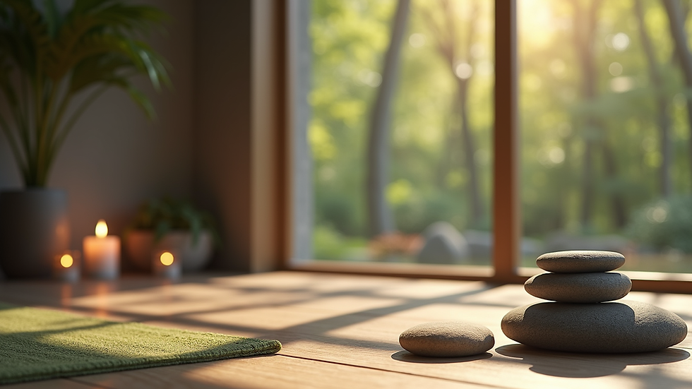 Close-up view of a meditation space with natural elements