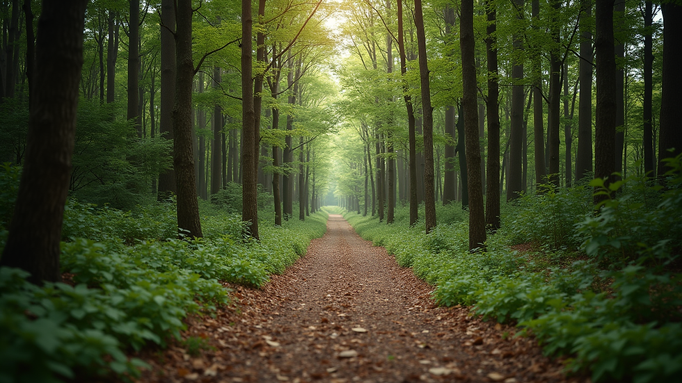 Eye-level view of a serene forest path symbolizing a journey