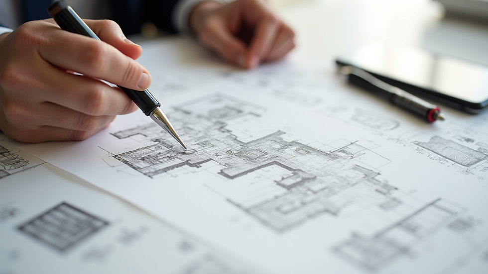 Plano arquitectónico sobre mesa con herramientas de dibujo