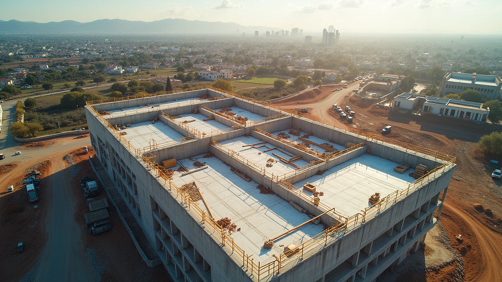 Vista aérea de obra en construcción con planos arquitectónicos