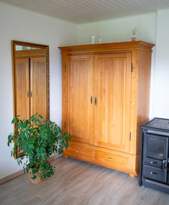 Großer Holzkleiderschrank mit Spiegel und Zimmerpflanze im Familiennest