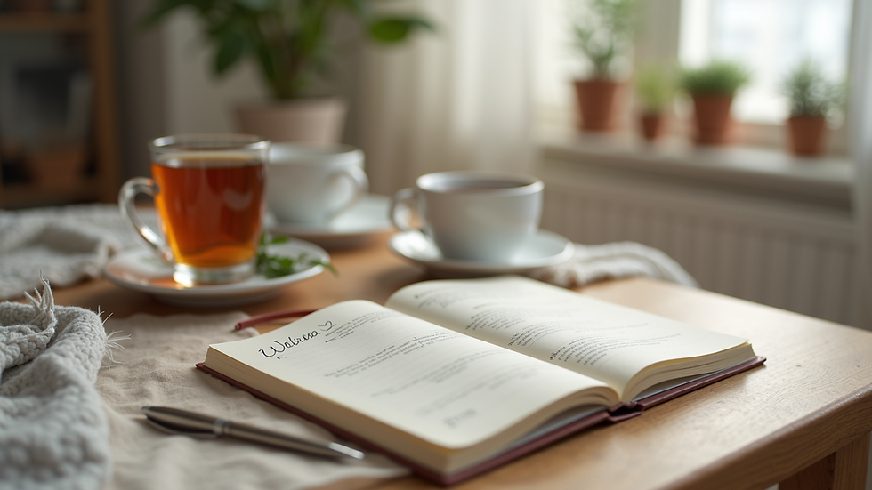 Eye-level view of a cozy home workspace with a wellness journal and a cup of tea
