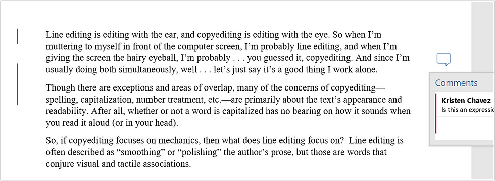 A view of what a manuscript looks like in Simple Markup. There's a red vertical bar to the left, and a comment to the right.