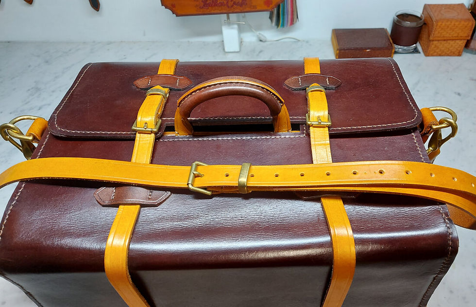 The completed, bespoke, handcrafted leather toolbox
