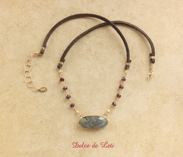 labradorite pendant, garnet, suede, gold fill