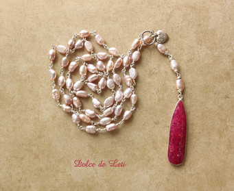 Ruby Y necklace with pearls, silver