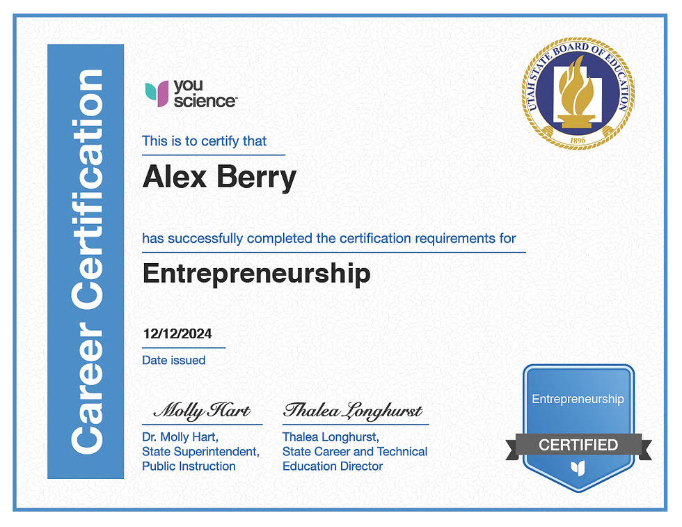Career Certification for Alex Berry in Entrepreneurship