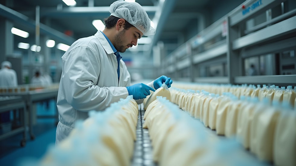 Eye-level view of a factory worker inspecting powdered milk bags