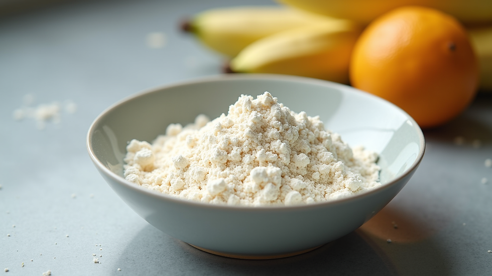 Close-up view of white protein powder in a bowl