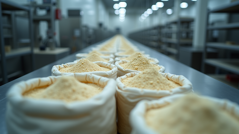 High angle view of industrial food production with protein powder bags