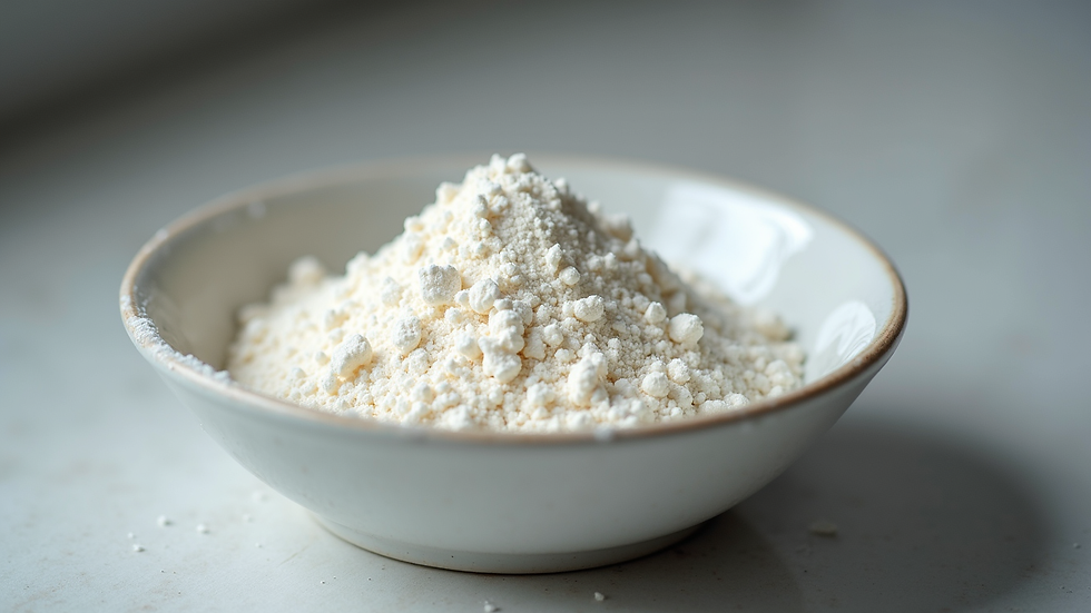 Close-up view of white powder protein concentrate in a bowl