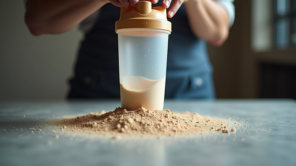 Eye-level view of protein powder being mixed in a shaker bottle