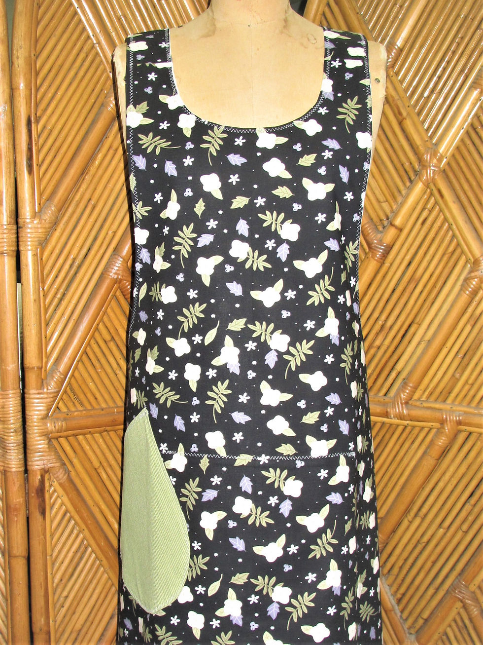 Thumbnail: Grey/White Figured Fabrics w/Black & Sage Flowers on Reverse Adult Smock Apron