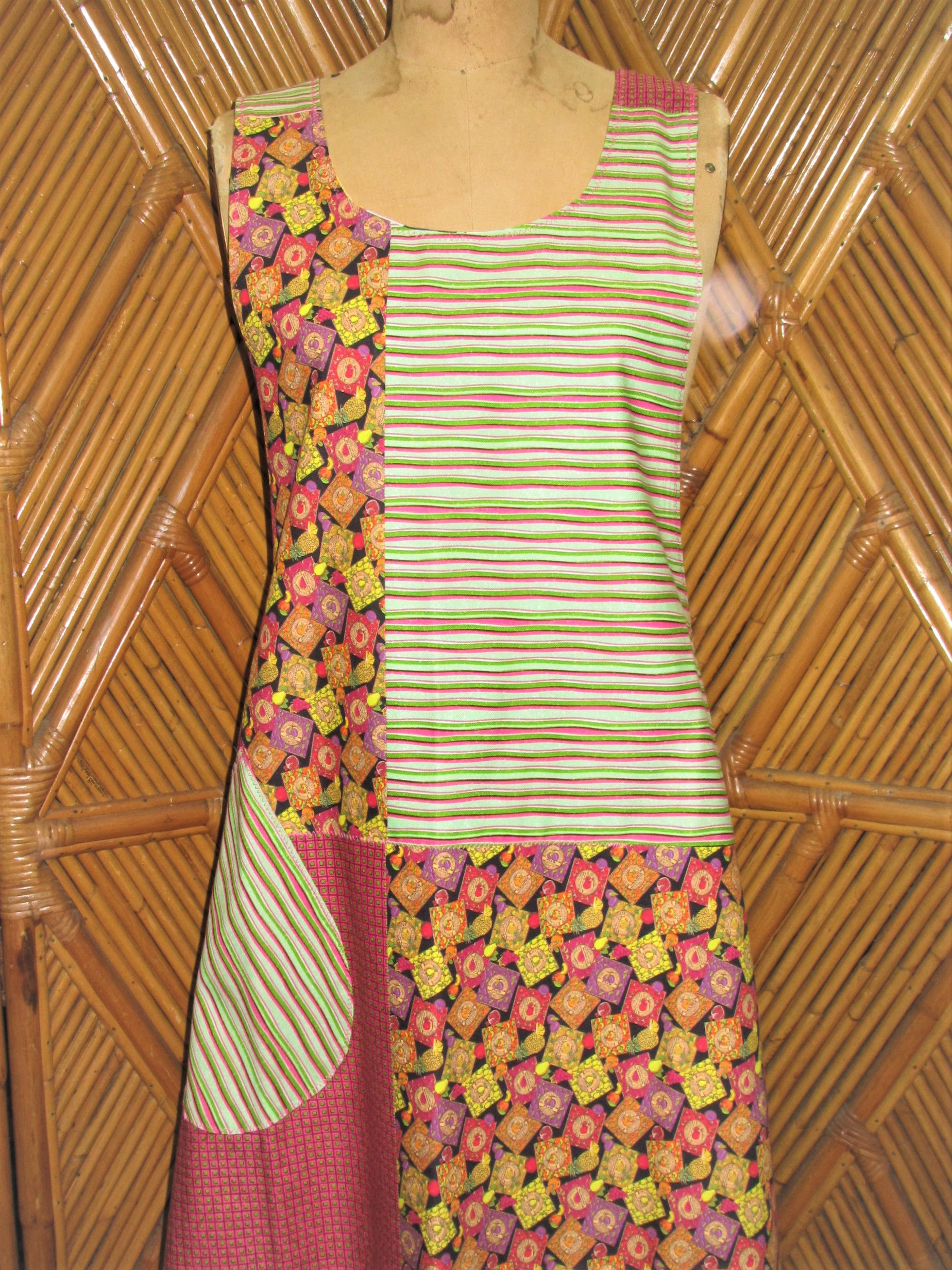 Magenta and Lime Green Stripes with a Fruit Medley Adult Smock Apron