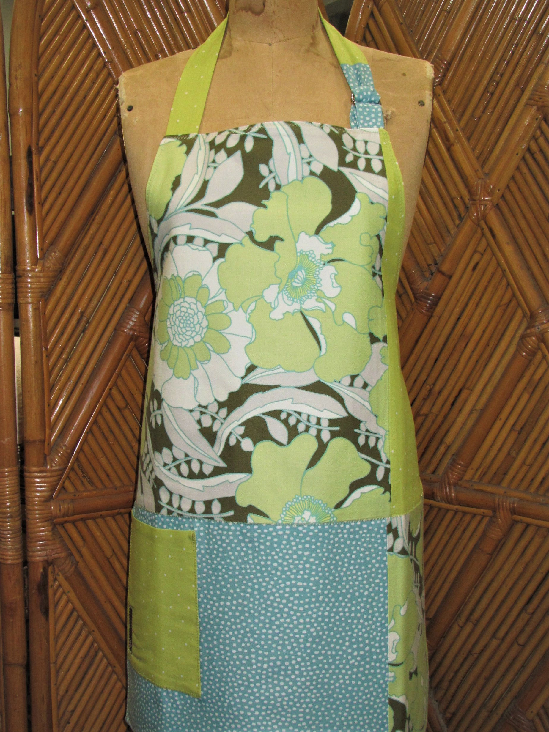 Teal Blue, Lime Green and Brown Petite/Teen Bib Apron