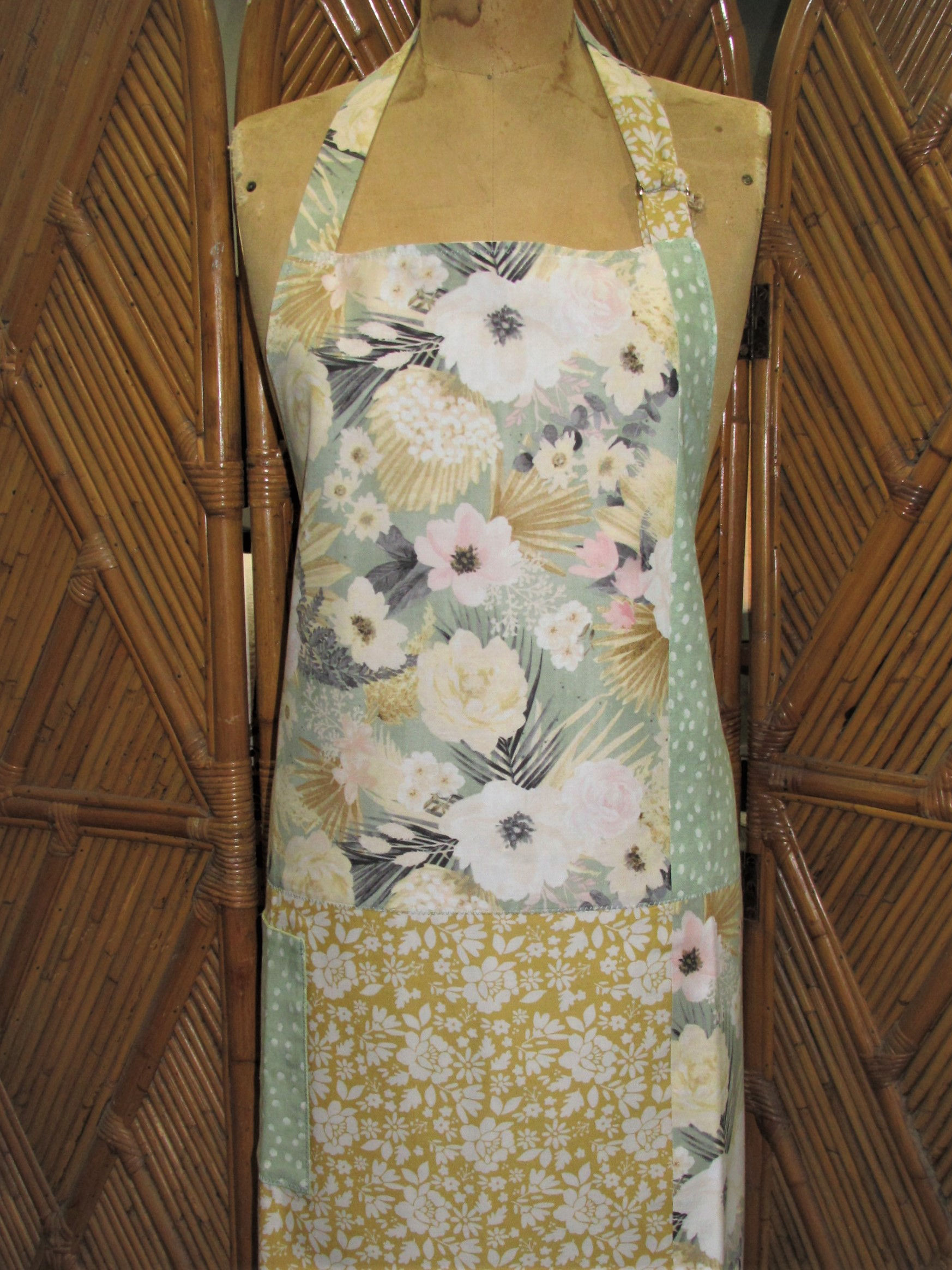 Sage Green with Yellow Flowers and Mixed Floral Adult Bib Apron