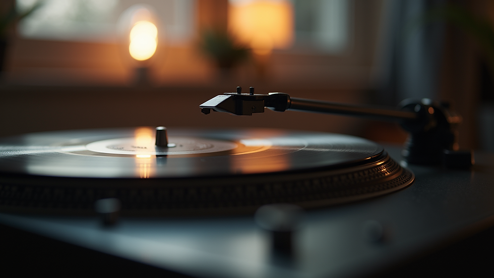 Eye-level view of a vinyl record on a turntable