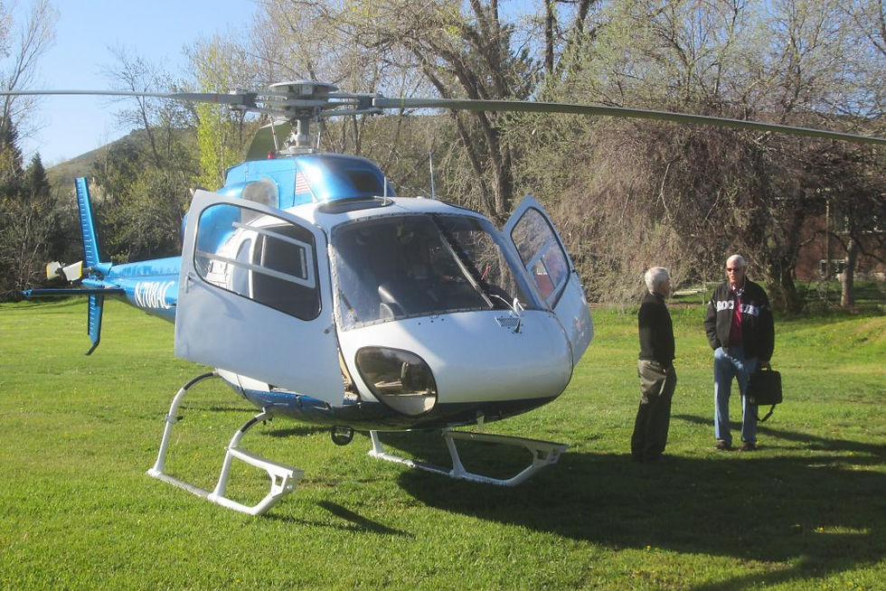 Blue and white helicopter on grass with two VIP passengers standing nearby, landscape