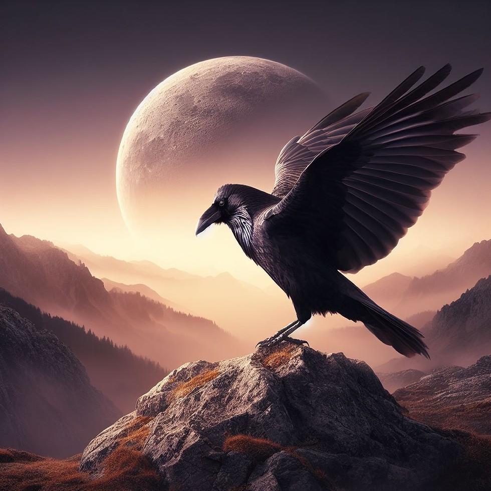Krähe auf einem Berggipfel, Vollmond