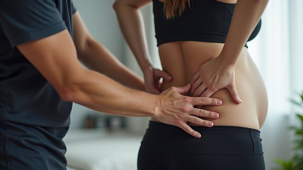 Close-up view of a chiropractor adjusting a pregnant woman’s lower back