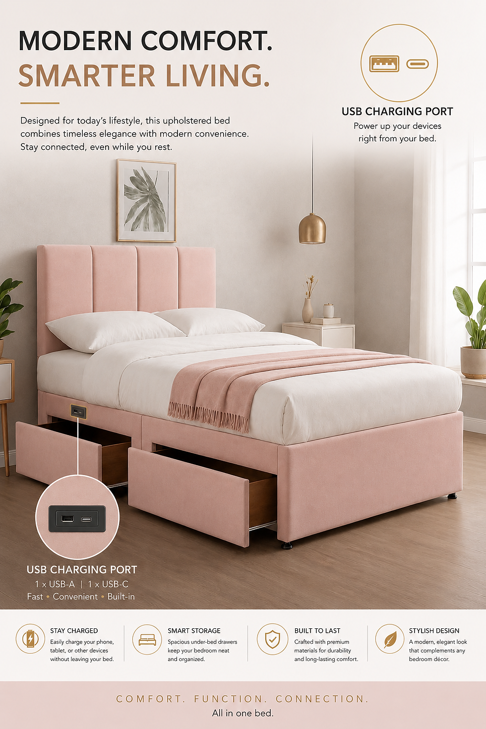 Thumbnail: USB CHARGING ROCCA Divan Bed with Memory Foam Mattress