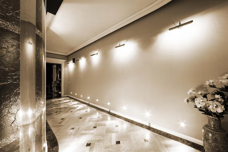 Elegant hallway with parquet flooring, sconce lighting, and a vase of flowers. Warm, sepia tones create a serene and inviting ambiance.