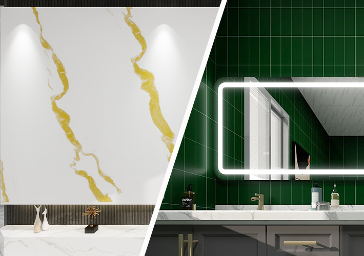 Split image: left shows white marble with gold veins; right shows a bathroom with green tiled walls, illuminated mirror, and sink.