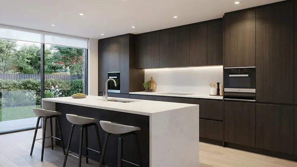Modern kitchen with dark cabinets, white island with stools, and a view of green garden through large window. Bright, minimalist design.