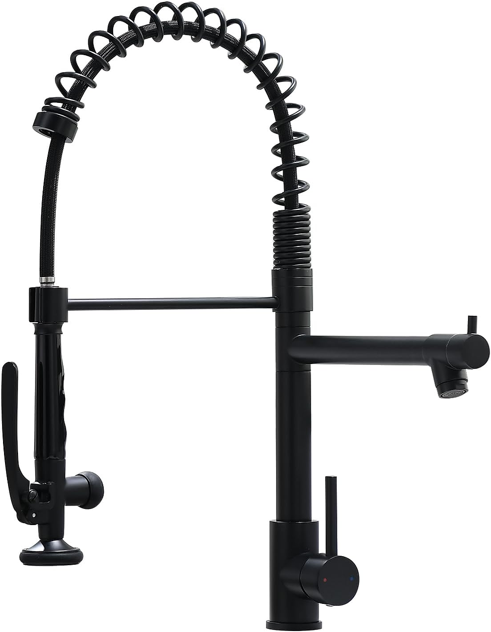 Image shows a modern kitchen interior with a black kitchen sink faucet as the focal point. The faucet's sleek black finish complements the kitchen's minimalist decor, enhancing both style and functionality. The countertop and cabinetry around it create a cohesive, elegant look, demonstrating how black faucets can seamlessly fit into different kitchen designs, adding a touch of sophistication and modernity.