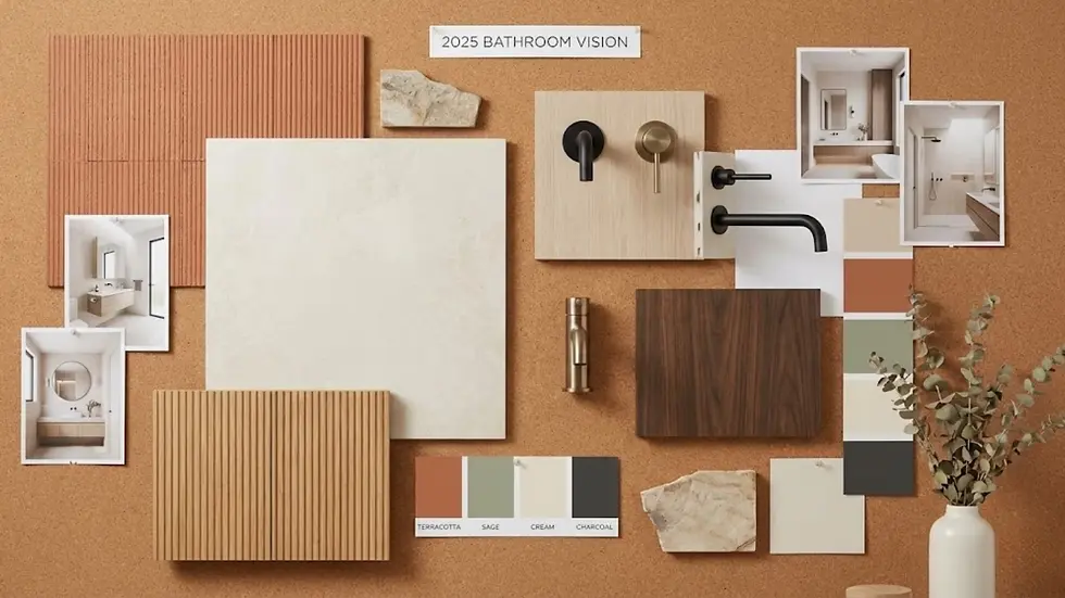 Bathroom design board with tiles, faucets, wood samples, color swatches labeled "Terracotta," "Sage," "Cream," "Charcoal," and photos.